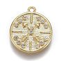 Brass Micro Pave Clear Cubic Zirconia Pendants, Long-Lasting Plated, Flat Round with Clock