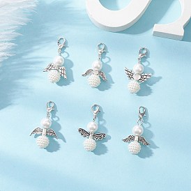 6 шт. 6 стили акриловые искусственные жемчужины и стеклянные жемчужины подвеска ангел украшения, с крыльями из сплава и застежками-клешнями, белые