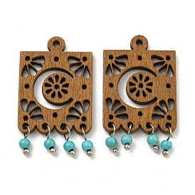 Laser Cut Poplar Wood Pendants Rectangle Charms with Dyed Synthetic Turquoise