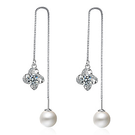 Long Pearl Ear Threader Earrings with Diamond Clover - Forest Style, Face Slimming.