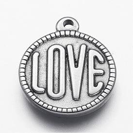 201 Stainless Steel Pendants, Flat Round, with Word Love