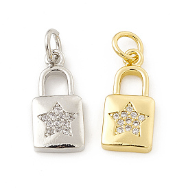 Brass Micro Pave Cubic Zirconia Pendants, with Jump Rings, Lock with Star Pattern Charm