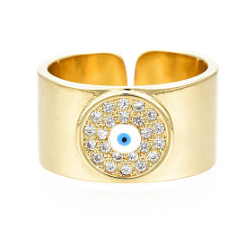 Evil Eye Enamel Wide Band Cuff Ring, Real 18K Gold Plated Brass Cubic Zirconia Open Ring for Women, Nickel Free