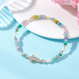 Браслеты-рондели из латуни с микропаве из прозрачных кубических цирконий, бусинами-крест, натуральным жемчугом и белым нефритом для женщин