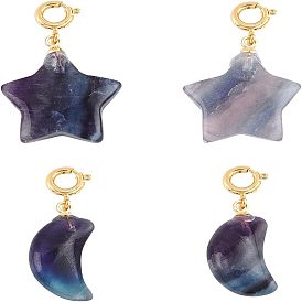 4 piezas 2 colgantes de fluorita natural tallada estilo, con cierres de anillo de latón primavera, larga duración plateado, Estrella lunar, dorado
