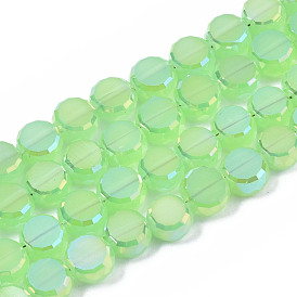 Electroplate Transparent Glass Beads Strands, AB Color Plated, Imitation Jade Glass, Faceted, Flat Round