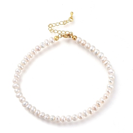 Anklets, with Natural Pearl Beads, Brass Curb Chains and 304 Stainless Steel Lobster Claw Clasps, Seashell Color