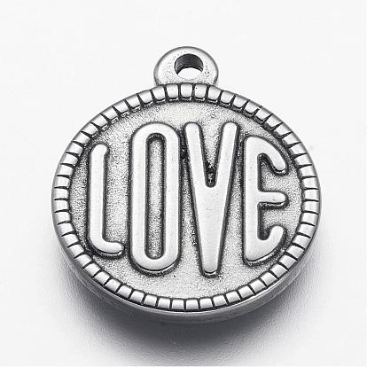 201 Stainless Steel Pendants, Flat Round, with Word Love