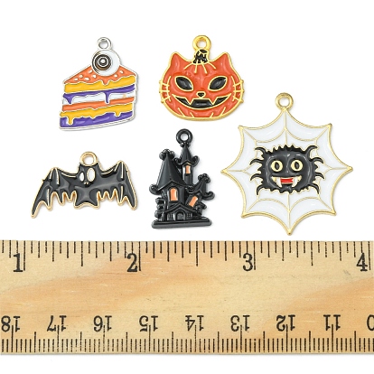 12Pcs 6 Style Halloween Theme Alloy Enamel Pendants, Bat & Spider & Pumpkin & Cake