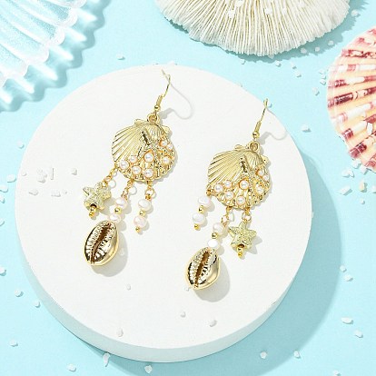 304 Stainless Steel Dangle Earring, Shell Shape with Starfish, with Alloy & Natural Keshi Pearl Pendants