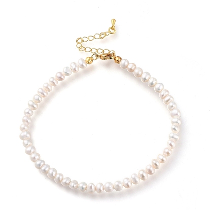 Anklets, with Natural Pearl Beads, Brass Curb Chains and 304 Stainless Steel Lobster Claw Clasps, Seashell Color
