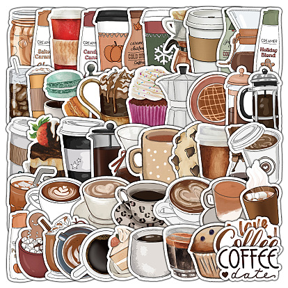 50Pcs Coffee PVC Stickers, Self-adhesive Decals, for Suitcase, Skateboard, Refrigerator, Helmet, Mobile Phone Shell