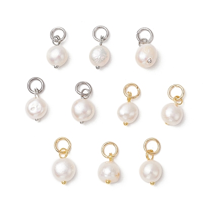 10 шт 2 цвета натуральный культивированный пресноводный жемчуг картофельные подвески, с латунными петлями и 304 соединительными кольцами из нержавеющей стали, цветочный белый