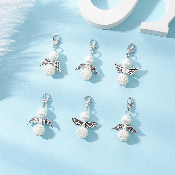 6 шт. 6 стили акриловые искусственные жемчужины и стеклянные жемчужины подвеска ангел украшения, с крыльями из сплава и застежками-клешнями, белые