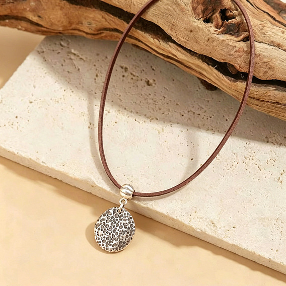 Alloy Textured Coin Pendant Adjustable Imitation Leather Cord Necklaces for Women, Saddle Brown