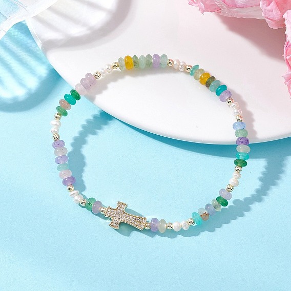 Браслеты-рондели из латуни с микропаве из прозрачных кубических цирконий, бусинами-крест, натуральным жемчугом и белым нефритом для женщин