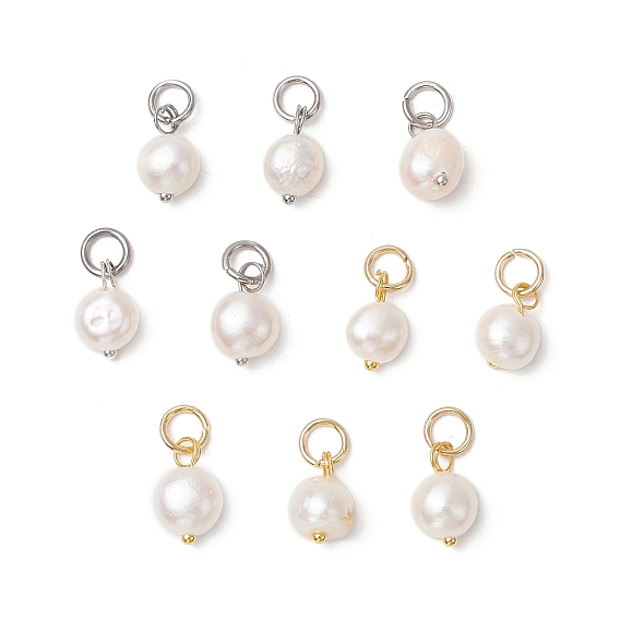 10 шт 2 цвета натуральный культивированный пресноводный жемчуг картофельные подвески, с латунными петлями и 304 соединительными кольцами из нержавеющей стали, цветочный белый