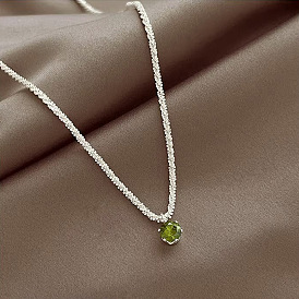 Olive Green Minimalist Single Diamond Necklace - Sophisticated, Unique Design, Silver, Luxurious.