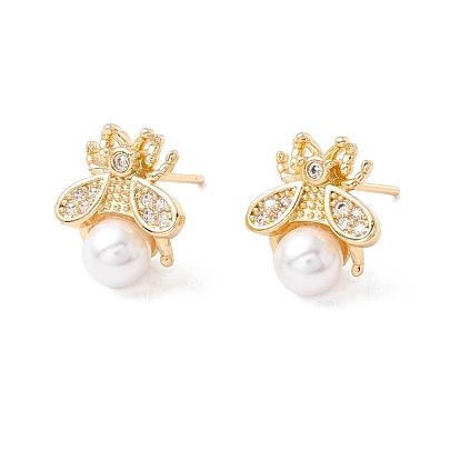 Cubic Zirconia Insect Stud Earrings with Acrylic Pearl, Brass Jewelry for Women, Lead Free & Cadmium Free