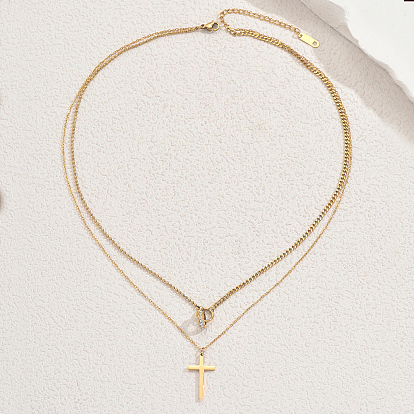 Двухслойные ожерелья с подвеской-крестом из нержавеющей стали и кристаллами горного хрусталя для женщин