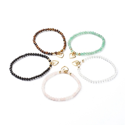 Natural Mixed Stone Beads Stretch Bracelets, with Brass Heart Pendant and Beads