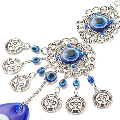 Teardrop Glass Turkish Blue Evil Eye Pendant Decoration, with Alloy Flower Design Charm, for Home Wall Hanging Amulet Ornament