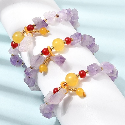 Raw Rough Natural Amethyst Nuggets Charm Beaded Stretch Bracelets for Women, with Gold Plastic Beads