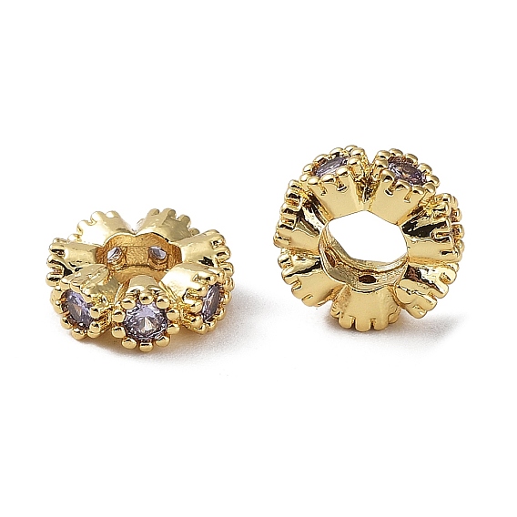 Brass Micro Pave Cubic Zirconia Beads, Flat Round