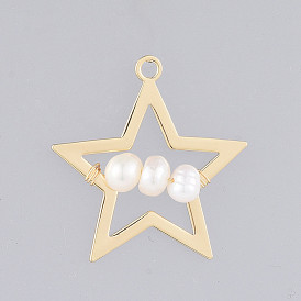 Natural Cultured Freshwater Pearl Pendants, with Alloy Findings, Star