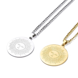 304 Stainless Steel Pendant Necklaces, Flat Round with Sun Pattern