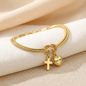 День матери 304 Браслеты из нержавеющей стали в виде змеиной цепочки, двухслойные, браслеты с подвесками для женщин, сердце с мамой и крестом