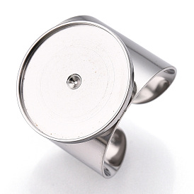 304 Stainless Steel Open Cuff Finger Ring Cabochon Settings, Flat Round