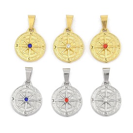 304 Stainless Steel Rhinestone Pendants, Flat Round with Compass Charm