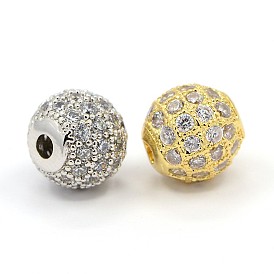 Bijoux cz micro cuivres ouvrent perles rondes de zircone cubique, clair, 8mm, Trou: 1.5mm