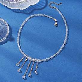 Женские ожерелья с круглыми натуральными кварцевыми кристаллами и стеклянными бусинами разного размера, украшенные кисточками и латунными цепочками.