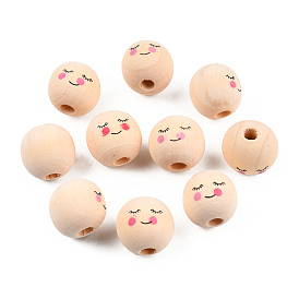 Maple Wood European Beads, Printed, Large Hole Beads, Undyed, Round with Shy Expression