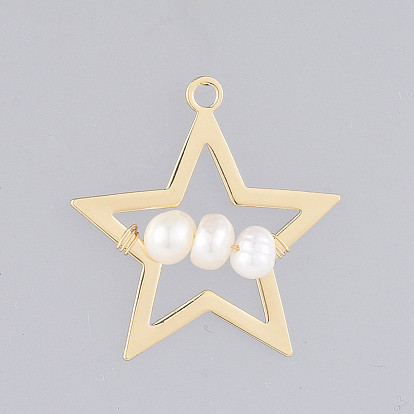Natural Cultured Freshwater Pearl Pendants, with Alloy Findings, Star