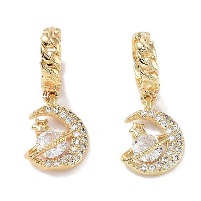 Golden Brass Dangle Hoop Earrings, with Cubic Zirconia, Moon