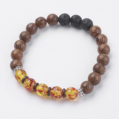 Natural Lava Rock Beads Stretch Bracelets, with Wenge Wood Beads, Resin, Coconut and Alloy Finding