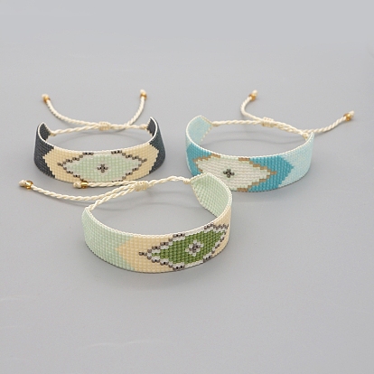 Friendship Rhombus Loom Pattern Seed Beads Bracelets for Women, Adjustable Nylon Cord Braided Bead Bracelets