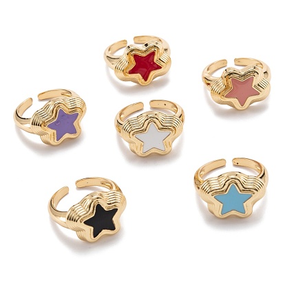 Brass Enamel Cuff Rings, Open Rings, Long-Lasting Plated, Star, Textured, Golden