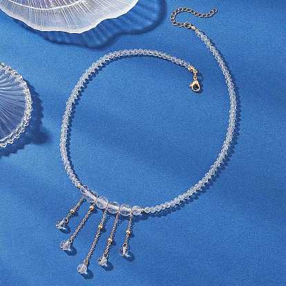 Женские ожерелья с круглыми натуральными кварцевыми кристаллами и стеклянными бусинами разного размера, украшенные кисточками и латунными цепочками.