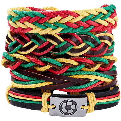 Набор плетеных кожаных браслетов для мужчин и женщин, браслеты из прямоугольных звеньев в форме футбольного мяча, регулируемые спортивные браслеты