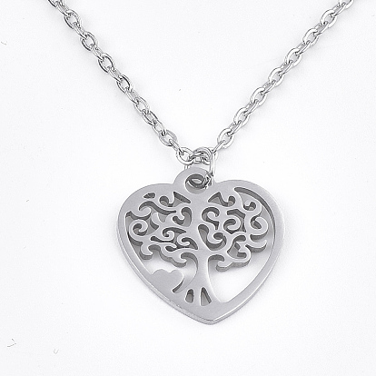 201 Stainless Steel Pendant Necklaces, with Cable Chains and Lobster Claw Clasps, Heart with Tree