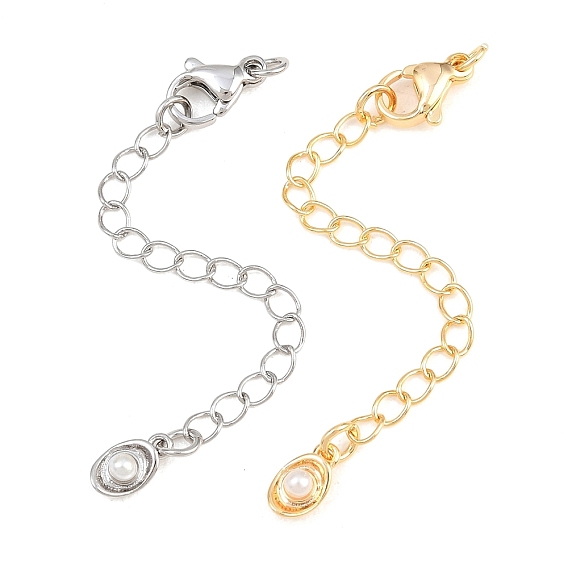 Brass Curb Chain Extender, End Chains with Lobster Claw Clasps and ABS Plastic Imitation Pearl Charms, Oval