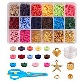 DIY Jewelry Kits, with Handmade Polymer Clay Heishi Beads, Alloy Pendants, Elastic Thread, Brass Spacer Beads & Ball Head Pins & Jump Rings, Scissors