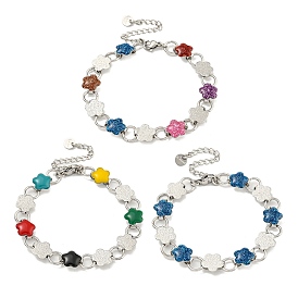 304 Stainless Steel Enamel Flower Link Chain Bracelets with Glitter Powder, Stainless Steel Color