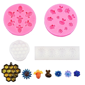 4Pcs 4 Style Silicone Molds, Resin Casting Molds, For UV Resin, Epoxy Resin Jewelry Making, Flower & Bee & Honeycomb