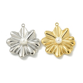 304 Stainless Steel Pendants, with ABS Plastic Pearl, Lotus Leaf Charm