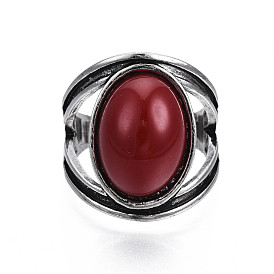 Plastic Oval Open Cuff Ring, Alloy Chunky Ring for Women, Cadmium Free & Lead Free, Antique Silver